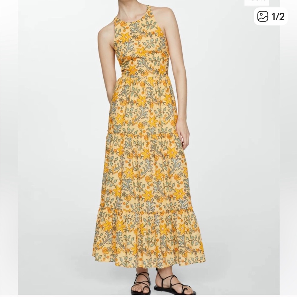 Mango Printed Bow Yellow Floral Maxi Dress